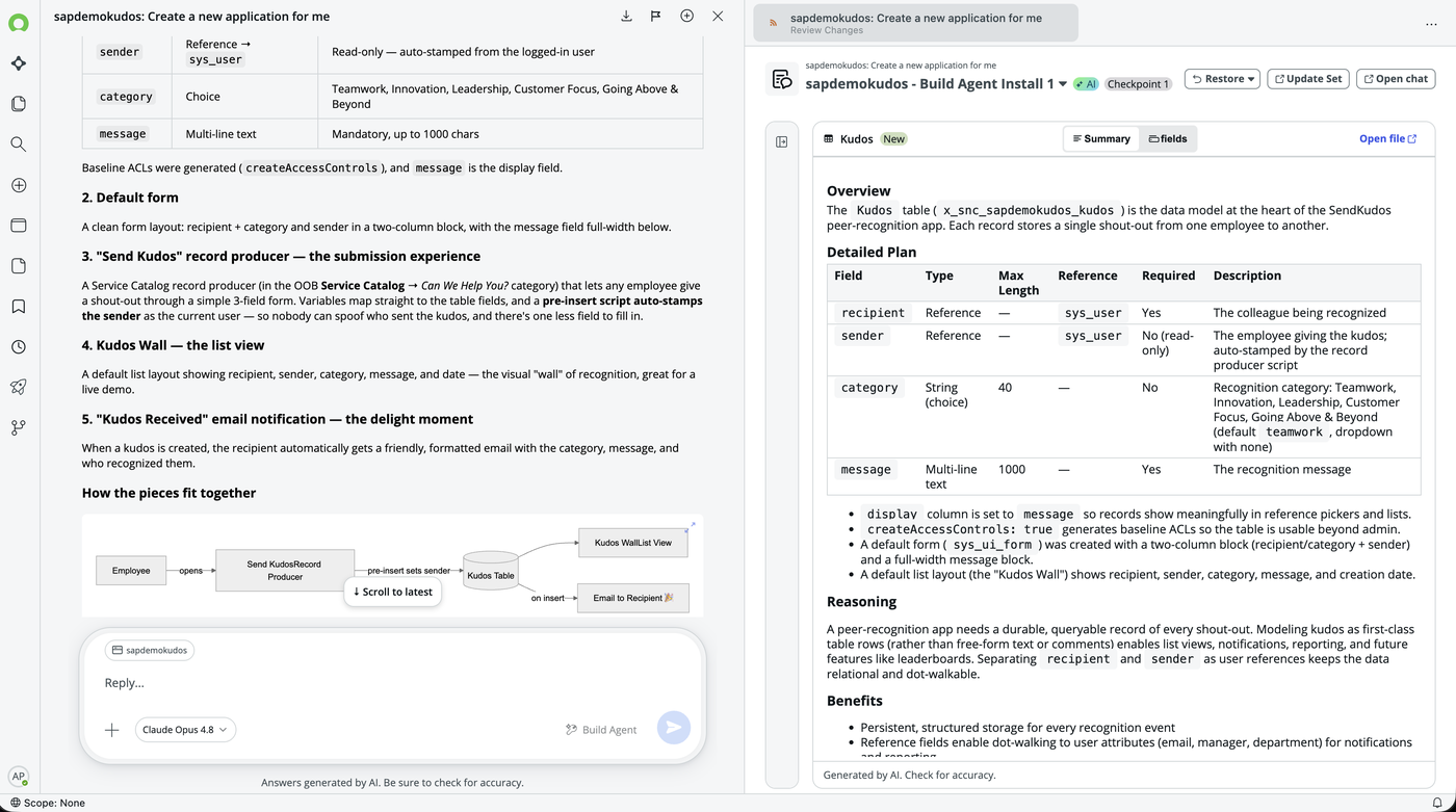 Build Agent chat interface generating the sapdemokudos peer-recognition app, with the Kudos table plan and field summary shown alongside