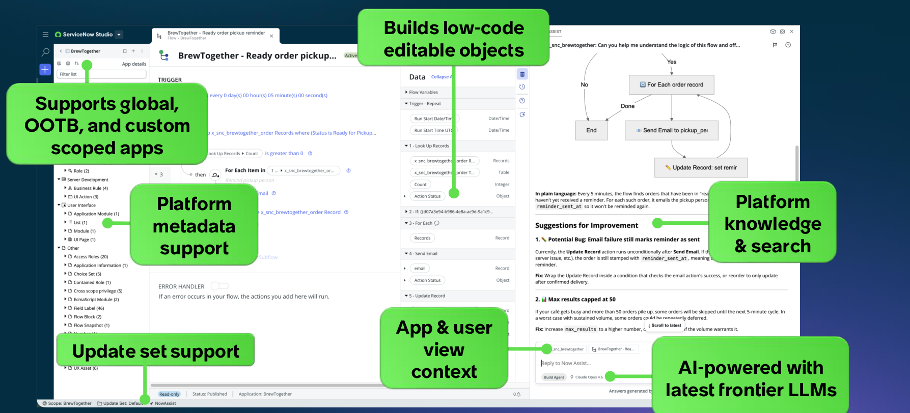 Build Agent chat panel inside ServiceNow Studio, showing it explain a flow's logic in plain language and suggest fixes for a bug and a scaling issue it found