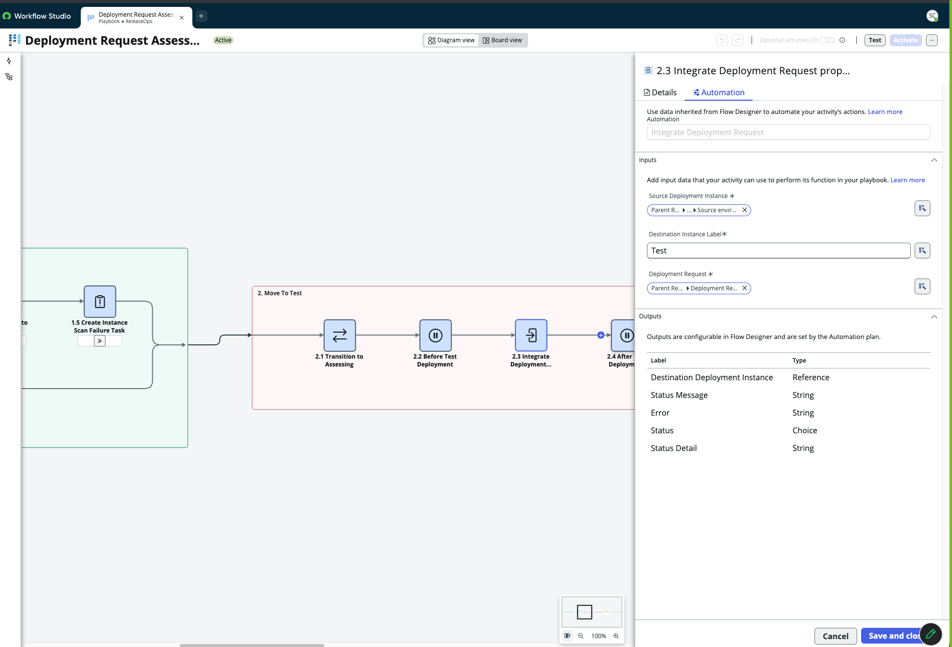 Integrate Deployment Request activity properties, with Destination Instance Label set to Test